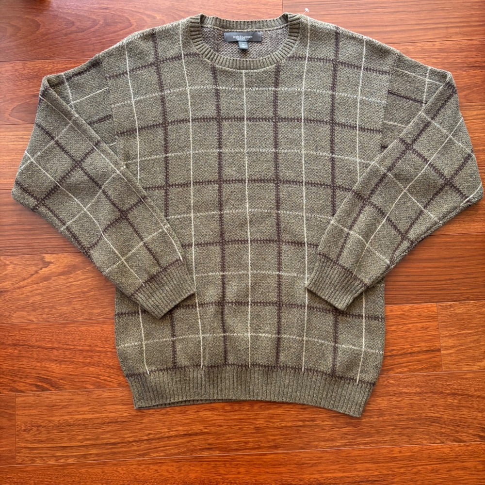 Vintage Made in USA Croft & Barrow Grid Pattern Sweater Green Brown Acrylic M